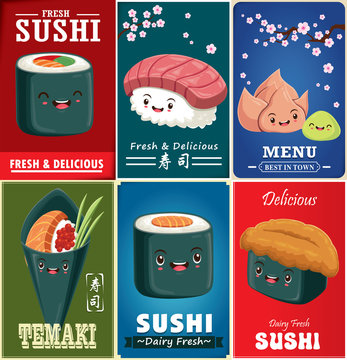 Vintage Sushi poster design with vector sushi character. Chinese word means sushi.