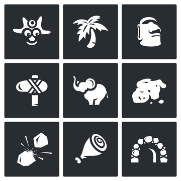 Vector Set of Papuan Icons. Savage, Tropical, Idolatry, Tool, Animal, Gold, Fire, Food, House.