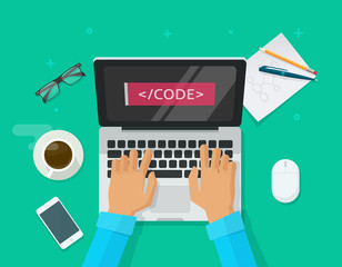 Programmer coding on laptop computer on work desk vector illustration, freelancer sitting on working table and typing code on keyboard top view, web development process concept cartoon flat style