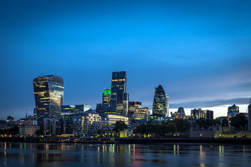 The City, one of the most important global financial center landmarks of the world, and the most important international business center in Europe, on the North bank of river Thames in London, England