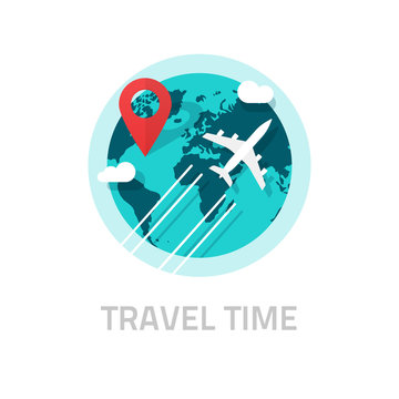 Travelling Around The World By Plane Vector Illustration Isolated On White, Travel And World Trip Logo Idea, Flat Earth Globe With Airplane Flying And Location Map Pin Pointer Journey Destination