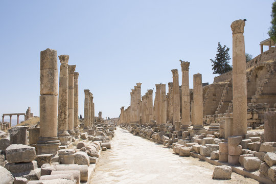 old romans ruins pillars in Jerash in Jordan