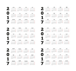 Set of 2017 year simple calendars on different languages