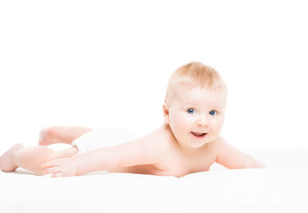 Portrait of a cute smiling infant baby crawling