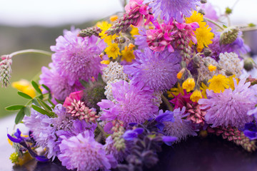 Bright colorful bouquet of field flowers close-up. Beautiful wildflowers mix, summer blossom concept