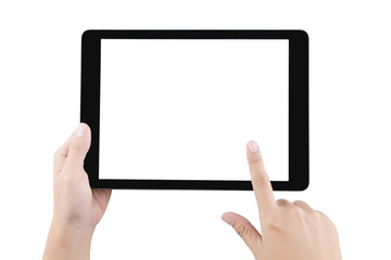 Hand holding tablet blank screen. Woman hand using tablet isolat