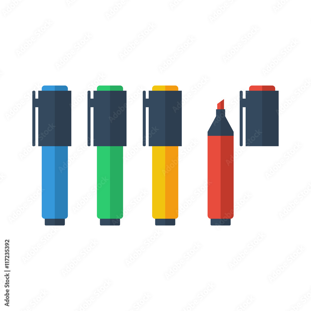 Poster collection of color marker pens. flat style vector illustration.