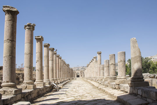 old romans ruins pillars in Jerash in Jordan