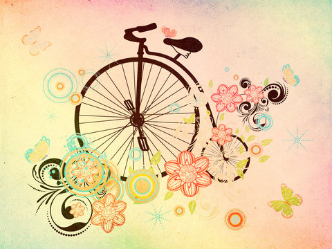Old Bicycle and Floral Ornament Grunge