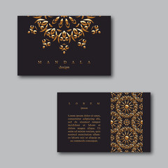 Set of ornamental business golden cards with mandala and pattern, visiting template cards. Vintage decorative elements.Indian, asian, arabic, islamic, ottoman motif. Vector illustration.