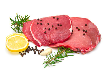 raw sliced beef white background