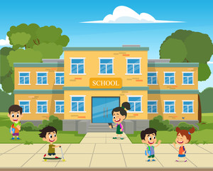 Fototapeta na wymiar school building and children in the front yard of the school.