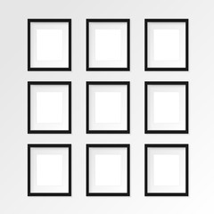Set of 9 nine Black vertical photo frame on gray wall with realistic shadows. Vector illustration. 3 rows and 3 columns