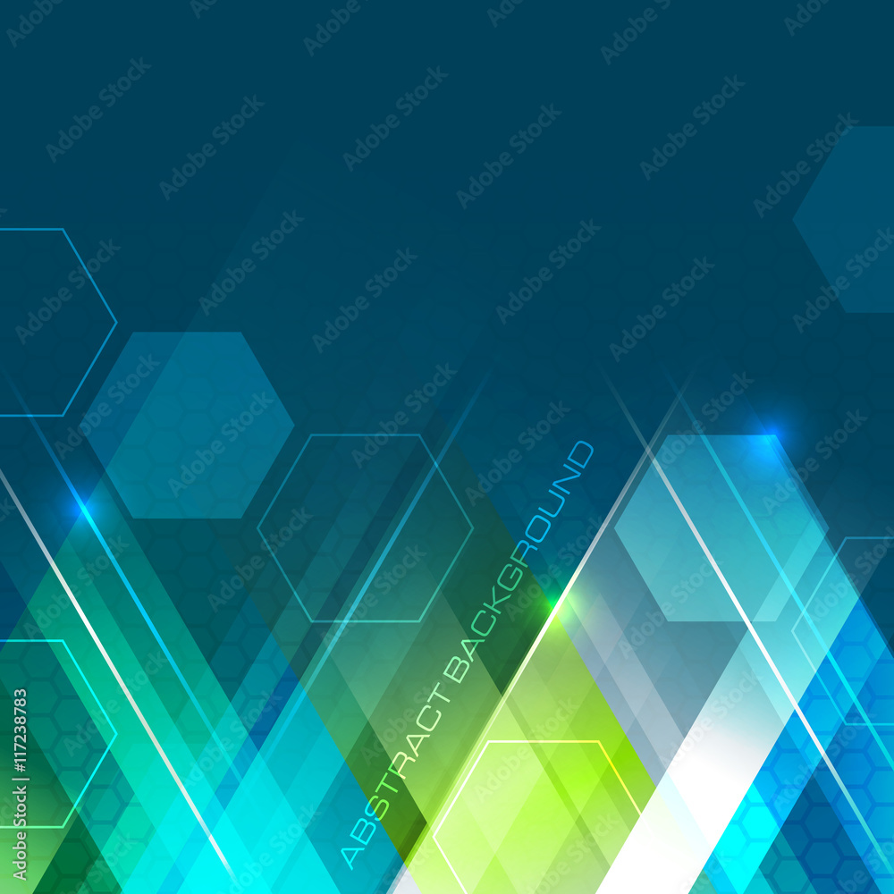 Poster vector abstract background. shining lines and hexagonal elements.