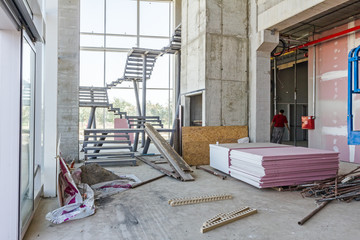 View on indoor construction site of unfinished modern large show