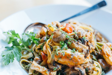 Pasta Penne with Grilled Mushrooms in the Restaurant