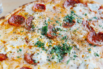 Obraz na płótnie Canvas Pepperoni Pizza, Pizza Background, Macro