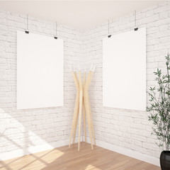 2 Hanging Posters Mock UP In Contemporary Exhibition Interior Space. White bricks wall, industrial window and wooden floor planks. Perfect Background To Present Your Designs And Photos.