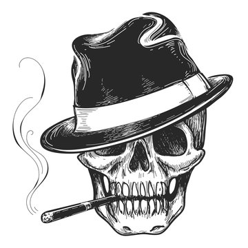 Gangster skull tattoo. Death head with cigar and hat vector illustration
