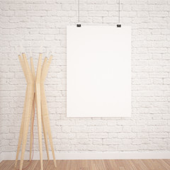 Hanging Poster Mock UP In Contemporary Exhibition Interior Space With Floor Lamp. White bricks and wooden floor planks. Perfect Background To Present Your Designs And Photos.