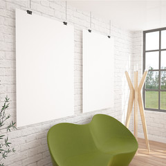 2 Hanging Posters Mock UP In Contemporary Exhibition Interior Space With Floor Lamp, Green Sofa And Plant. White bricks Wall, Wooden Floor Planks.Perfect 