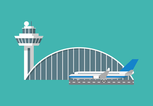 International airport building with control tower and plane icon. Infographic element. Flat design vector illustration