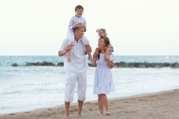 Portrait of Happy big beautiful family near sea,