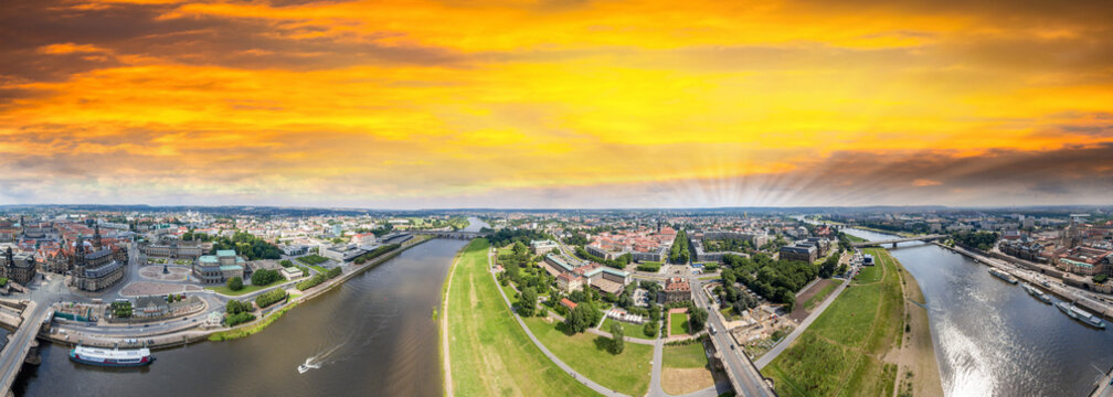 Panoramic 360 degrees aerial view of Dresden. Altstadt and Neust