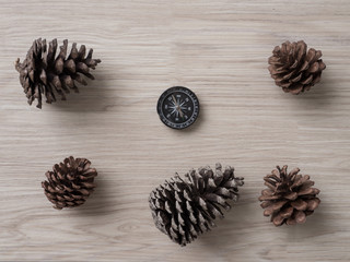 compass and pine cones on wood background  travel journey 