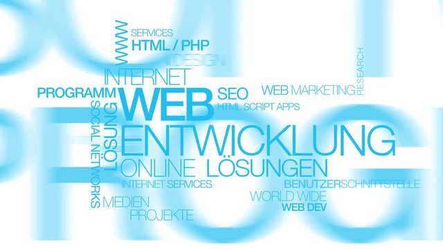 Web Entwicklung Online L&ouml;sungen Wort tag cloud Internet der Dinge Animation wei&szlig;er Hintergrund