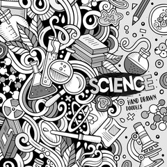 Cartoon cute doodles hand drawn Science frame design. Line art d