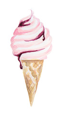 Watercolor ice cream on white background. Fresh and cold summer snack.