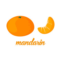 Mandarin fruits poster in cartoon style depicting whole and half of fresh juicy citruses isolated on white background including caption Mandarin. Vector illustration.