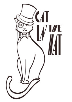 gentleman cat with cylinder and monocle with signature cat in the hat. Isolated eps 10 on layers