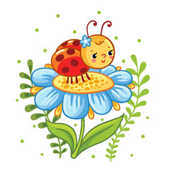 Obraz premium Vector illustration in cartoon style. Ladybug sitting on a flower. Cute insect in the flowers.