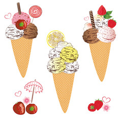 Eiscreme mit Waffeln und Früchten, Vektor Set.