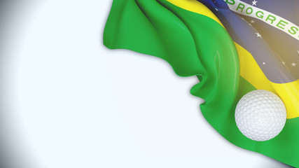 Brazil flag with Golf ball on copy space for text over white  background,3D illustration