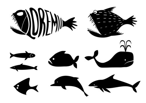 A set of silhouettes of icons and templates for logos of various marine fish - whales, sharks, sardines, dolphins and other