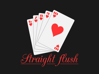 Straight flush playing cards, hearts suit. Poker hand. Vector illustration.