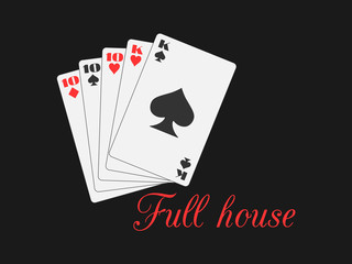 Full house playing cards, hearts and spades suit. Poker hand. Vector illustration.