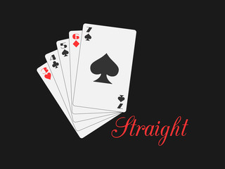 Straight playing cards. Poker hand. Vector illustration.