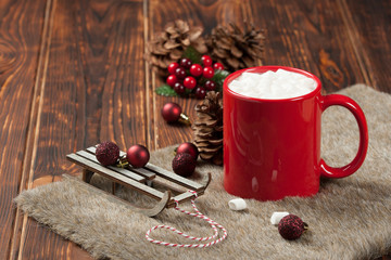 Obraz na płótnie Canvas Mug Of Hot Chocolate Or Coffee With Marshmallows. Christmas Deco
