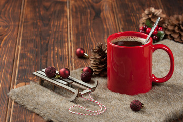 Obraz na płótnie Canvas Mug Of Coffee Or Tea. Christmas Decorations.