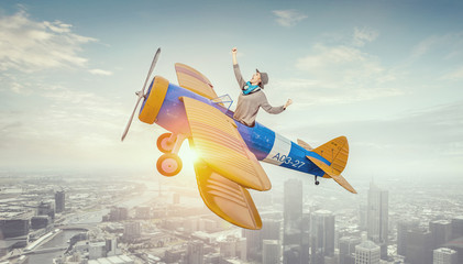 Girl flying old plane . Mixed media