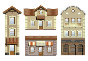 A set of different classical facade in beige tones like cafe, house, store vector graphics