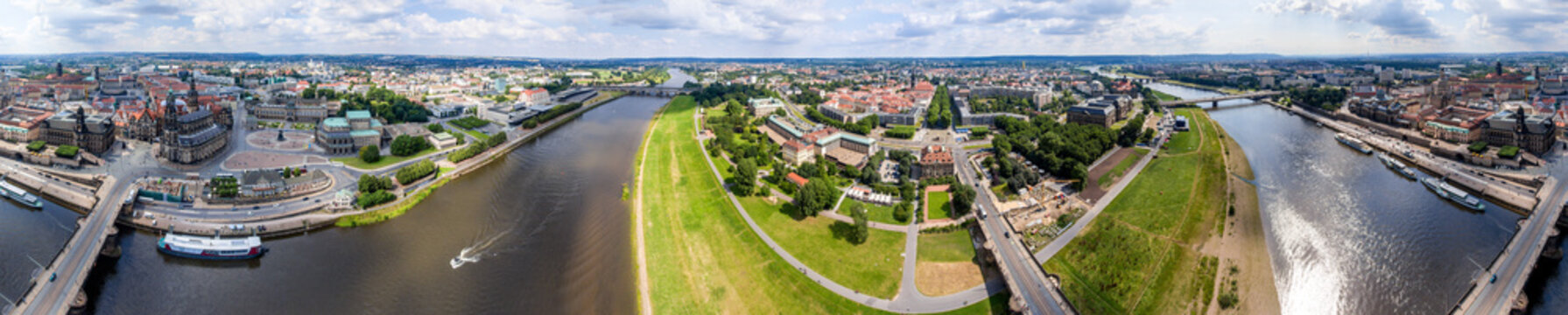 Panoramic 360 degrees aerial view of Dresden. Altstadt and Neust