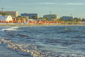 Naklejka premium Mamaia seaside resort. Mamaia is the largest and best known resort on Romanian Riviera. It's situated on an 8km long and 300m wide sandy land strip at the Black Sea.