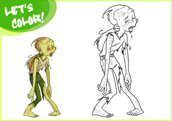 Funny green zombie. Page for coloring book.