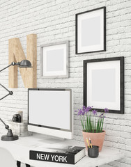 iMac And Photo Frames Contemporary Office MockUp Side View