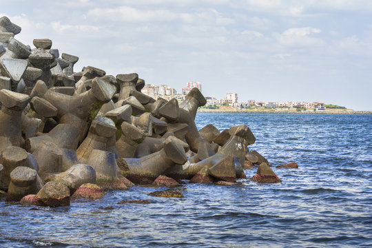 Romania Black Sea Coast. The Black Sea shore marine pier.